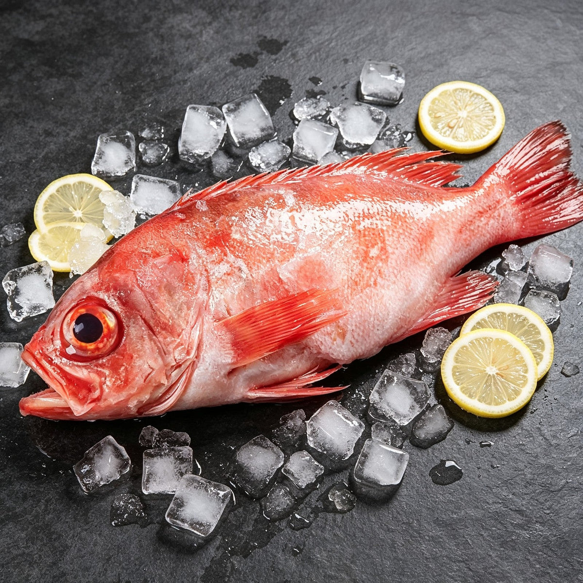 Whole red rockfish on crushed ice with lemon halves