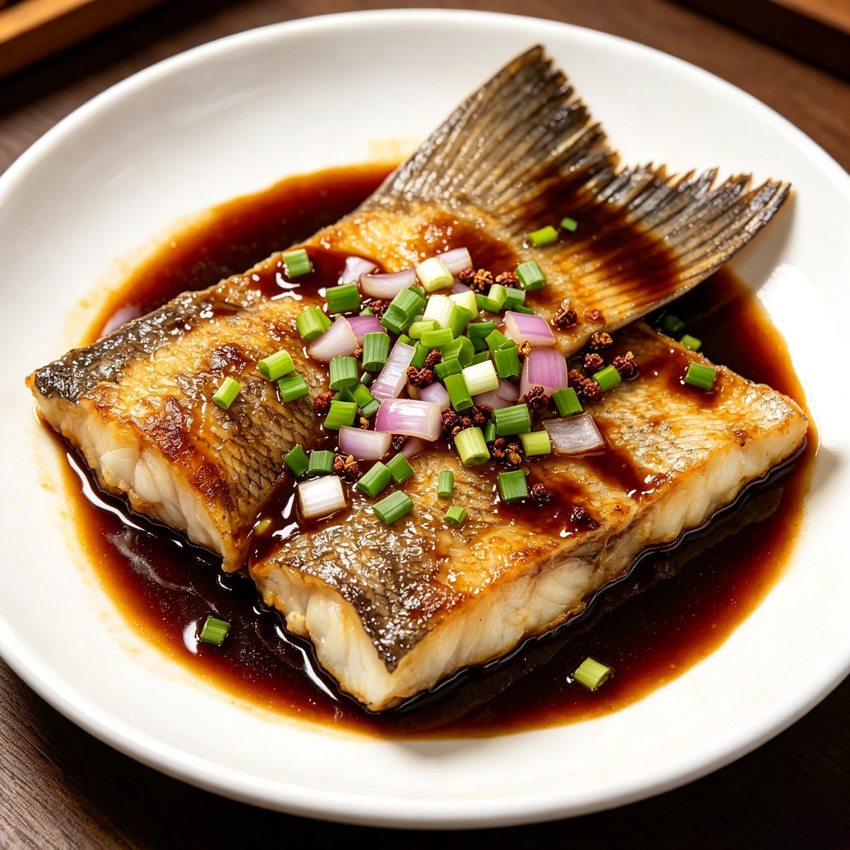 Braised cod fish tails glazed in soy sauce with spring onion