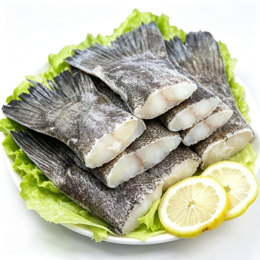 Raw cod fish tails arranged on a plate with lemon wedges
