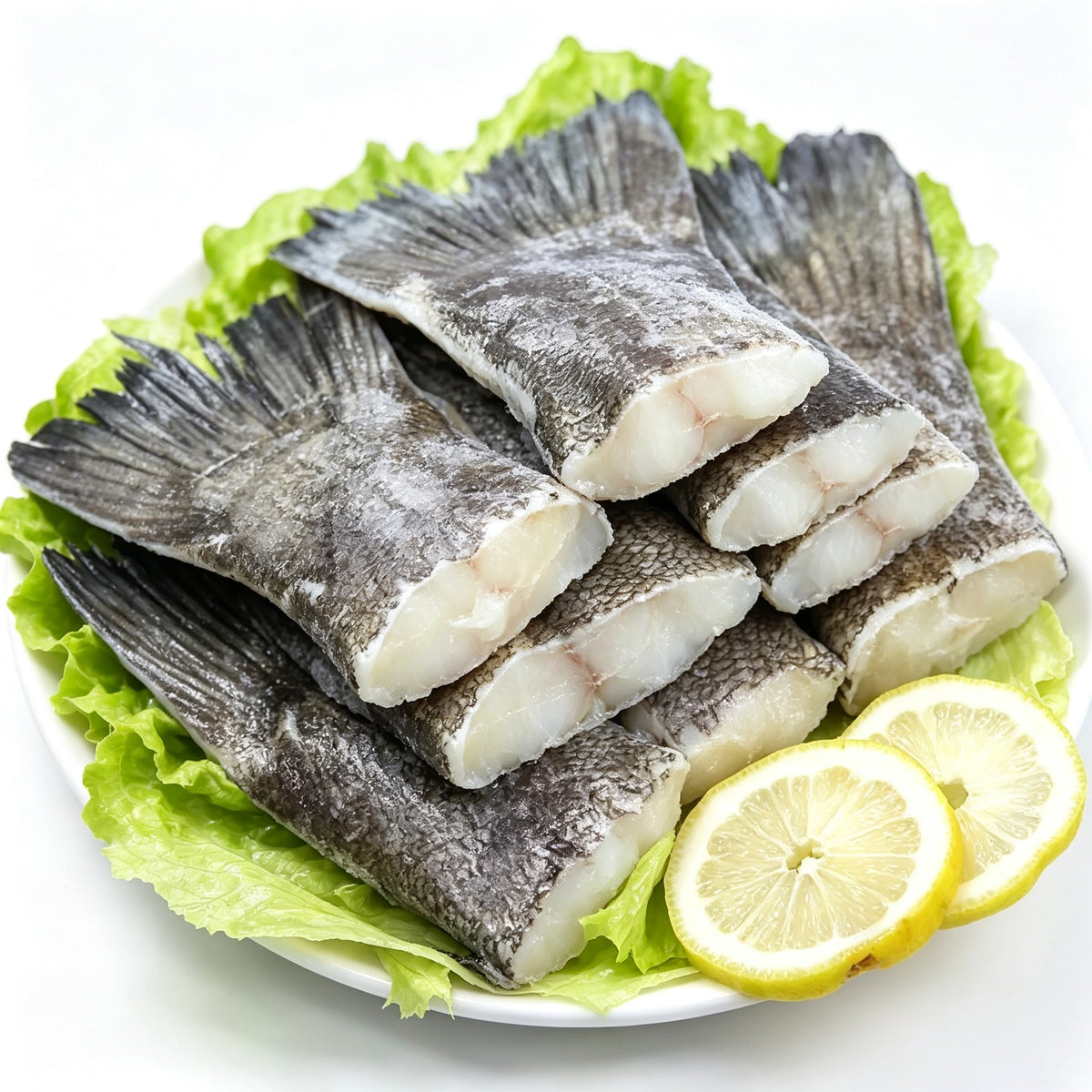 Raw cod fish tails arranged on a plate with lemon wedges