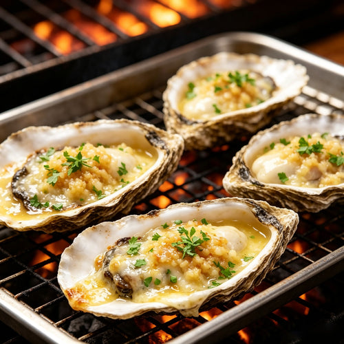 Garlic butter oysters baking on a grill