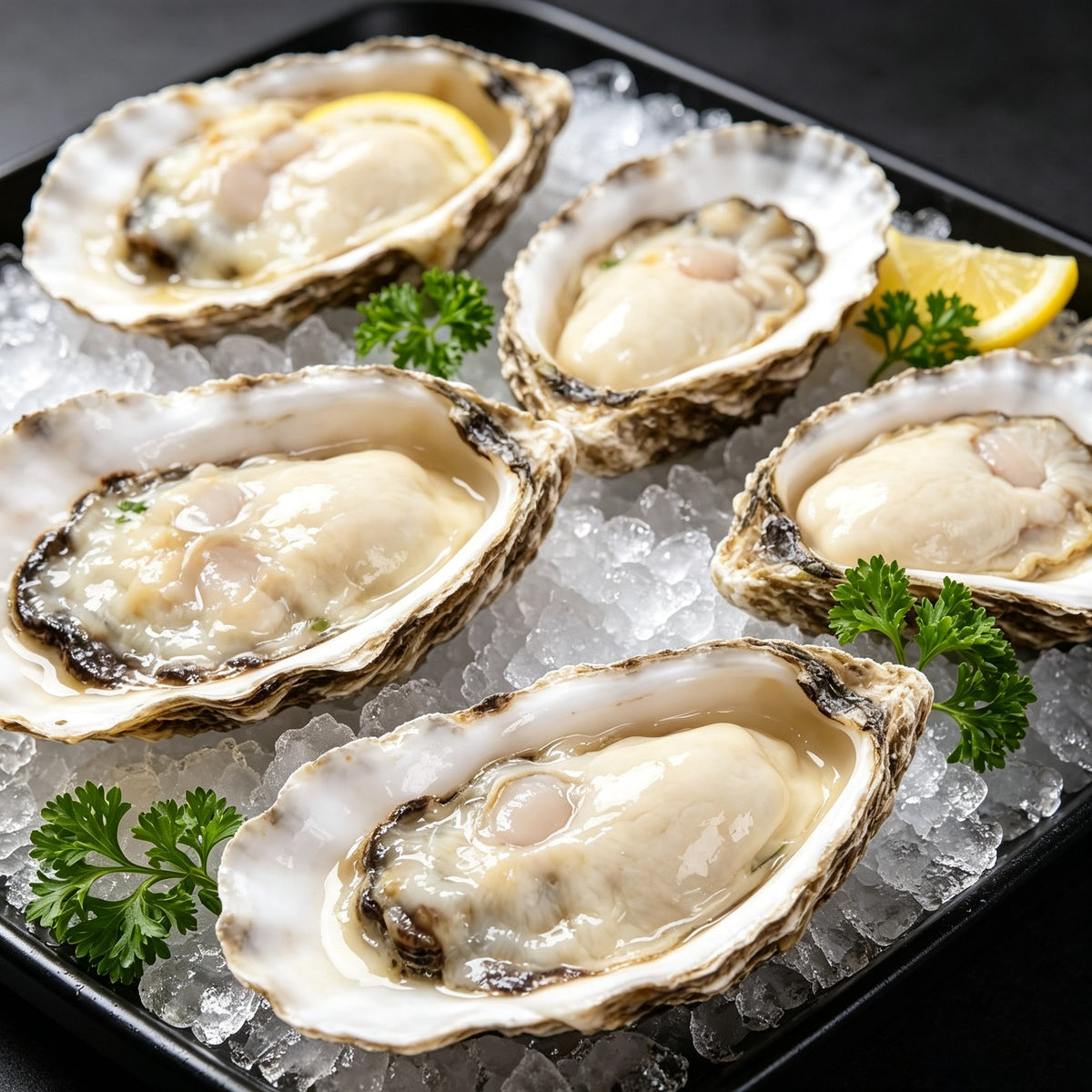 Fresh oysters on the half shell over crushed ice