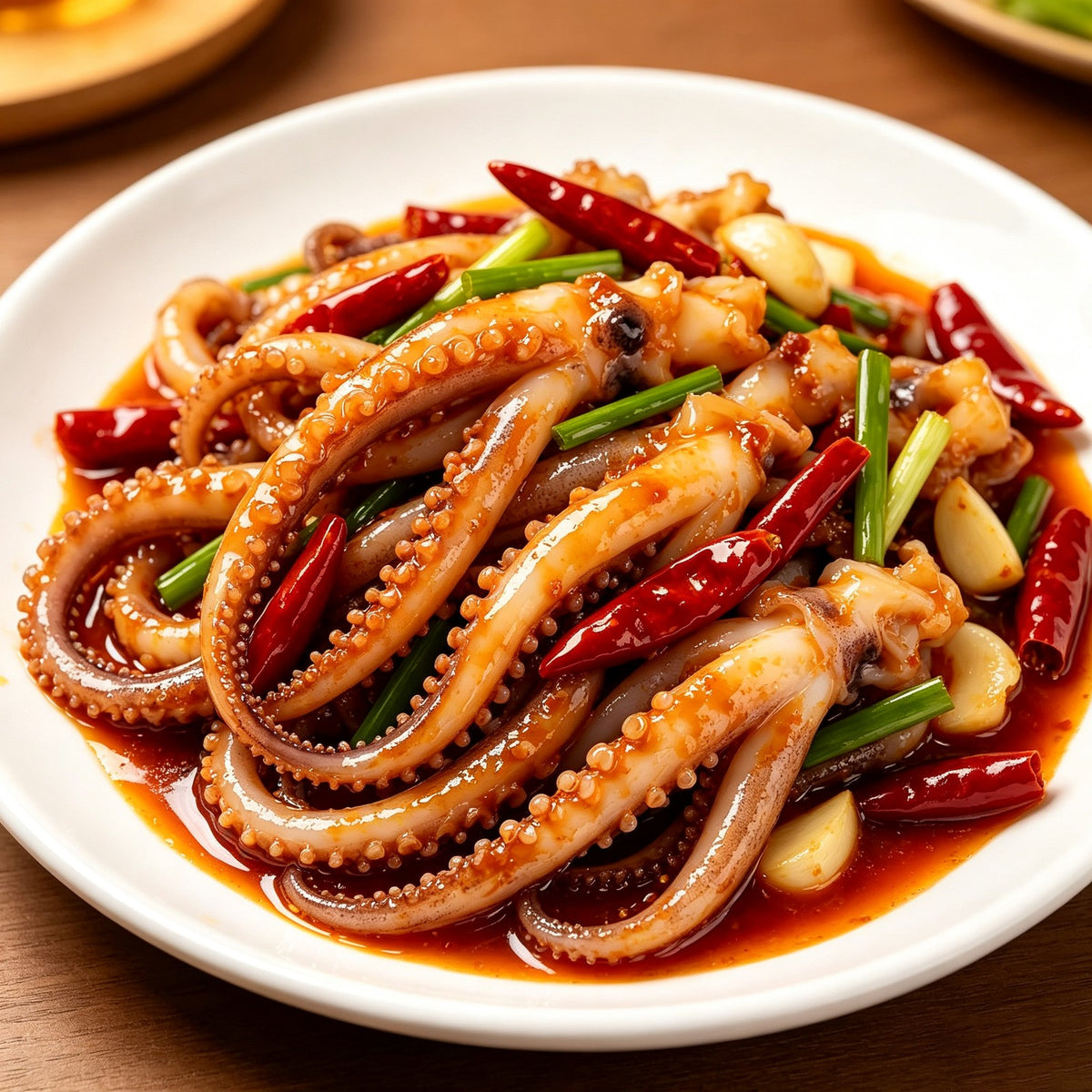 Stir-fried squid tentacles with chili and spring onion