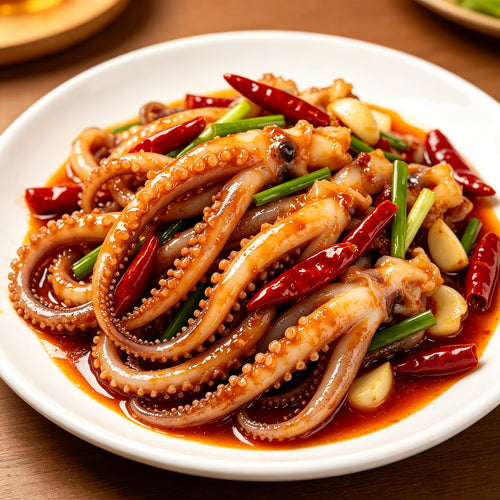 Stir-fried squid tentacles with chili and spring onion