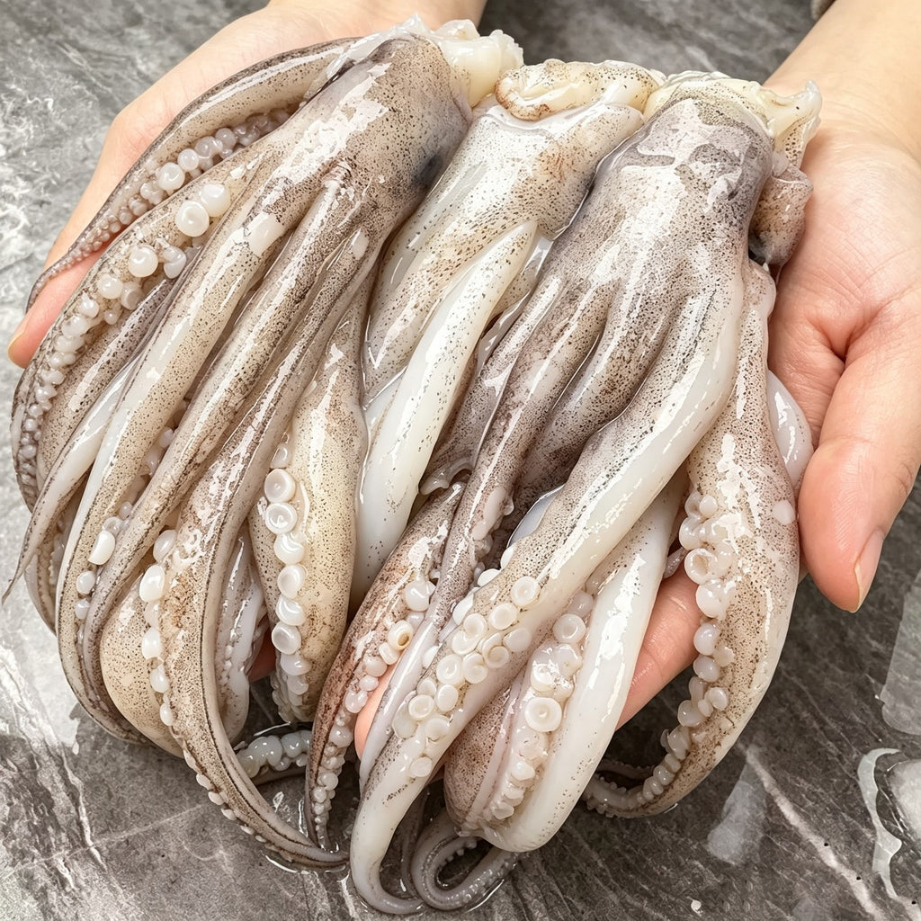 Hand holding a bundle of fresh squid tentacles