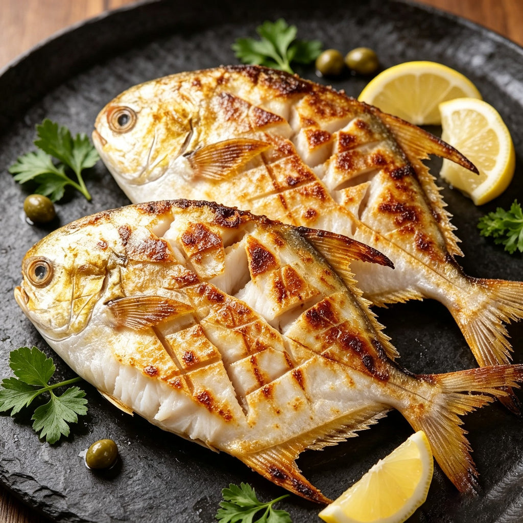 Grilled whole golden pomfret with char marks and lemon