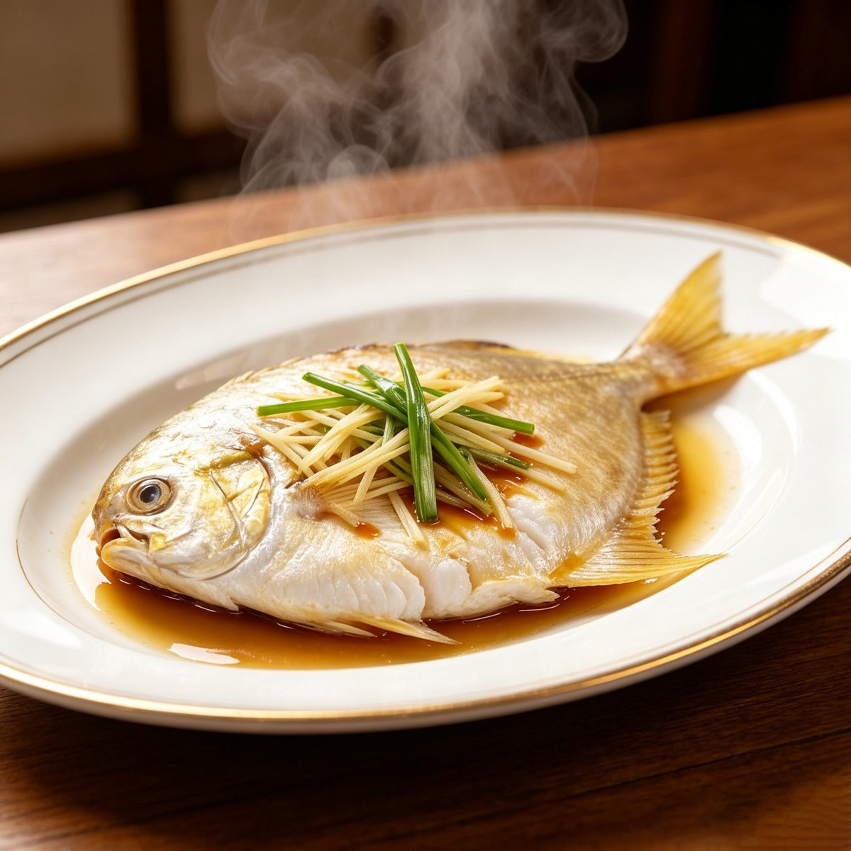 Steamed golden pomfret with ginger and scallion on a plate