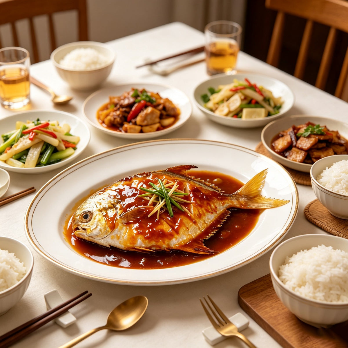Braised golden pomfret served on a dining table