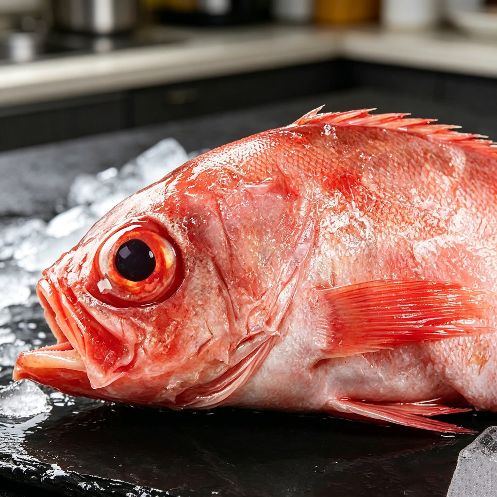 Whole red rockfish with bright red skin resting on slate