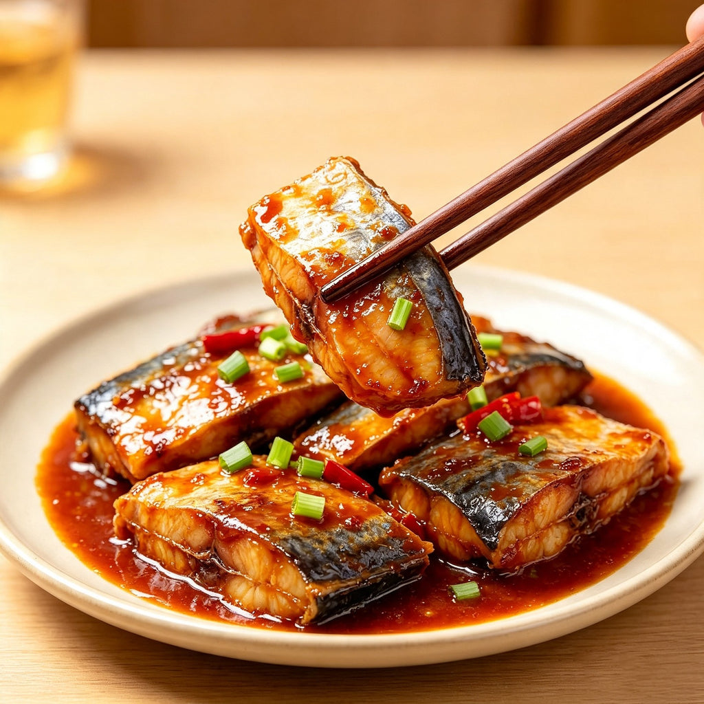 Braised mackerel pieces with chili and spring onion
