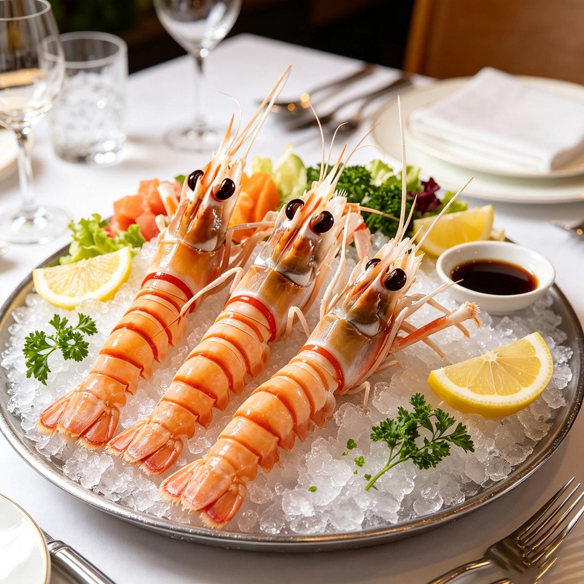 Scampi langoustines served on ice with dipping sauce