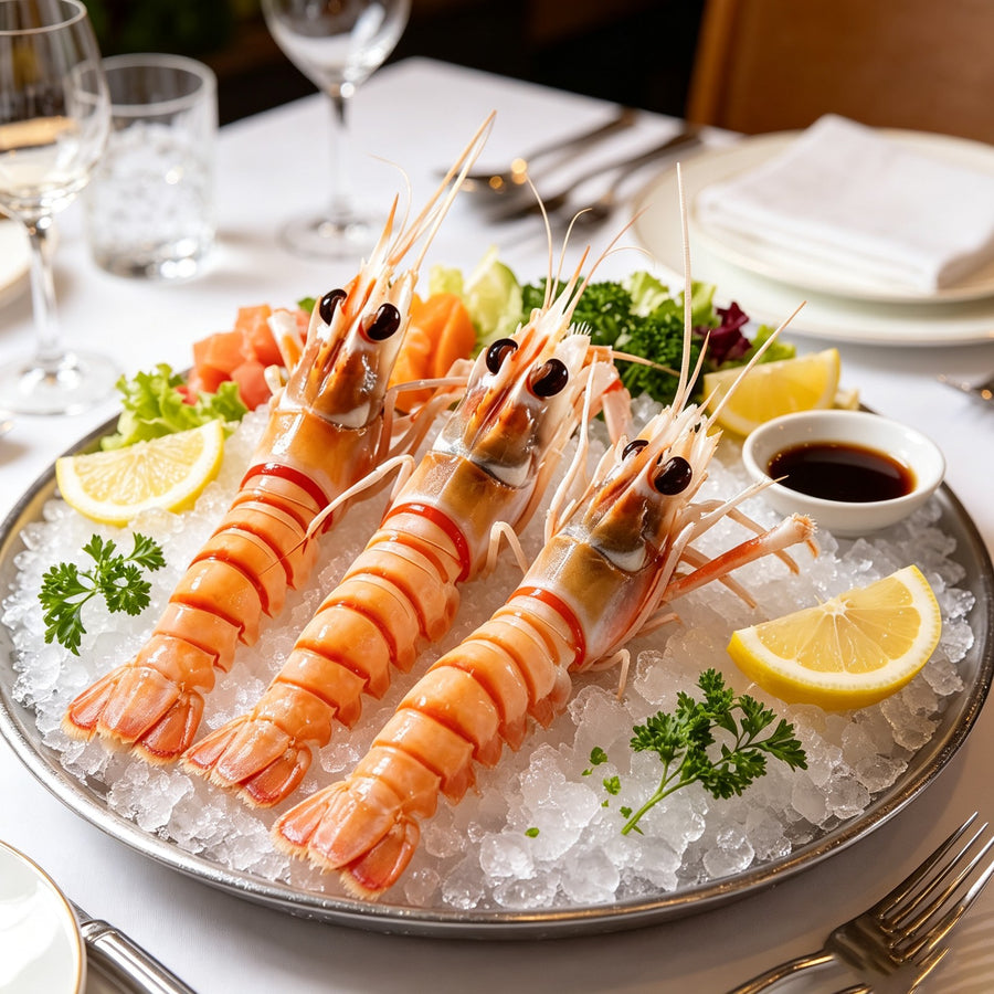 Scampi langoustines served on ice with dipping sauce