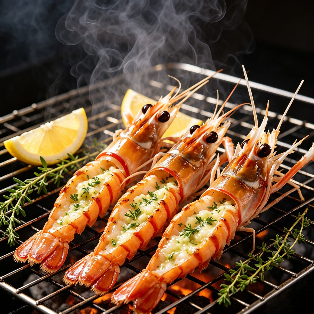 Grilled scampi skewers with garlic butter and lemon