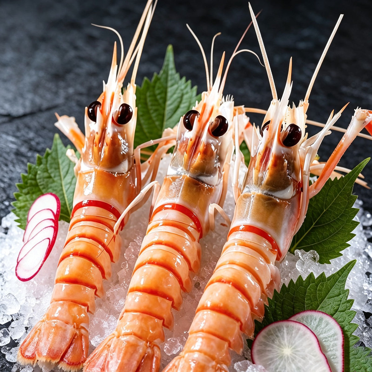 Fresh scampi on ice with lemon and herbs